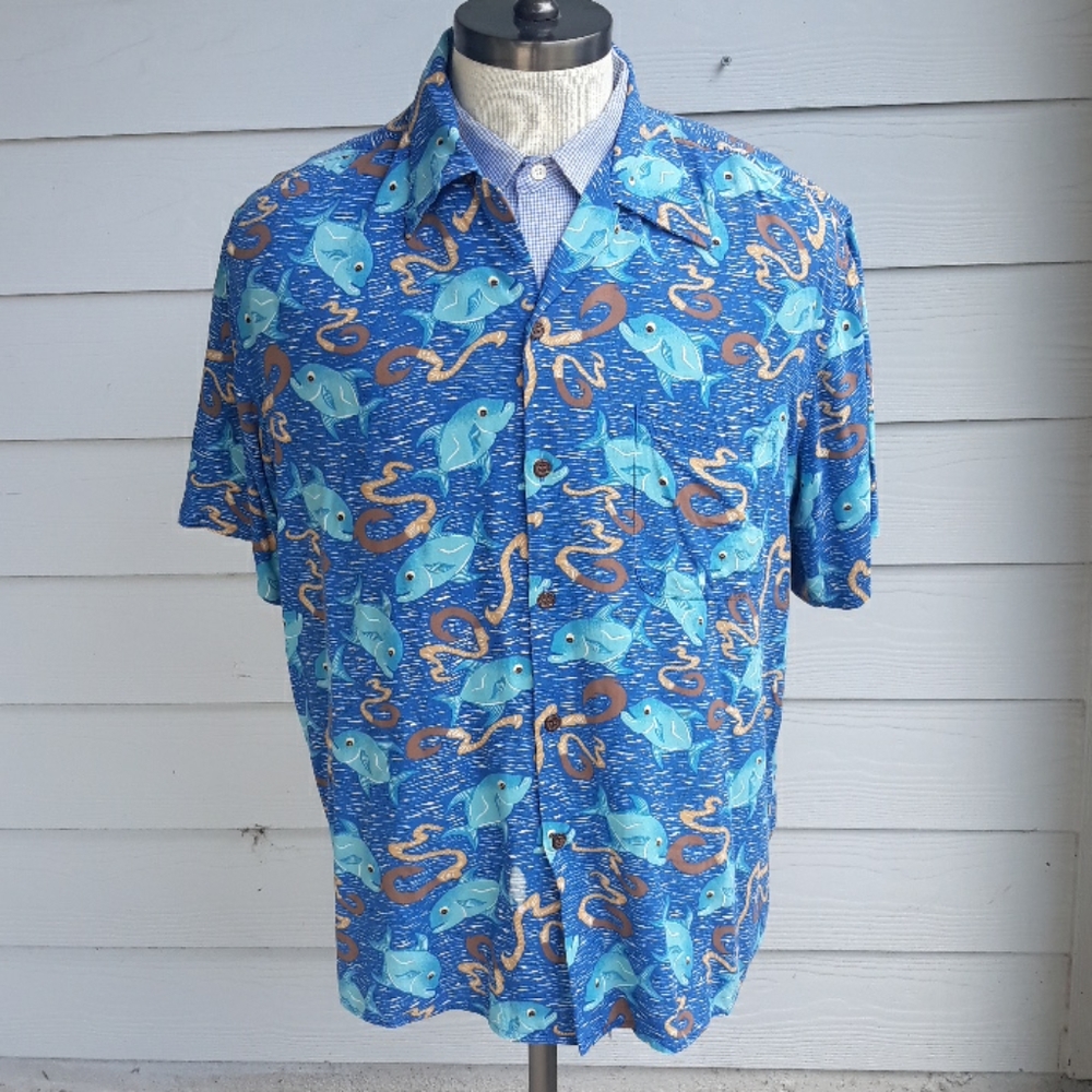 REYN SPOONER Dietrich Varez Spearfishing Spun Rayon Sz L Hawaiian Shirt RARE